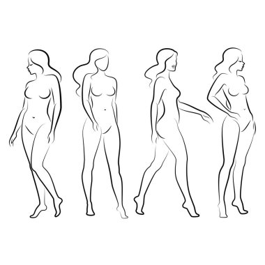Tahsilat. Hoş bir bayanın silueti, ayakta duruyor. Kızın güzel bir çıplak vücudu var. Kadın genç, seksi ve ince bir model. Vektör illüstrasyonu