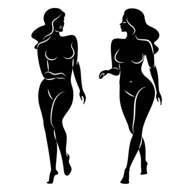 Hoş bir bayanın silueti, ayakta duruyor. Kızın güzel bir çıplak vücudu var. Kadın genç, seksi ve ince bir model. Vektör illüstrasyonu