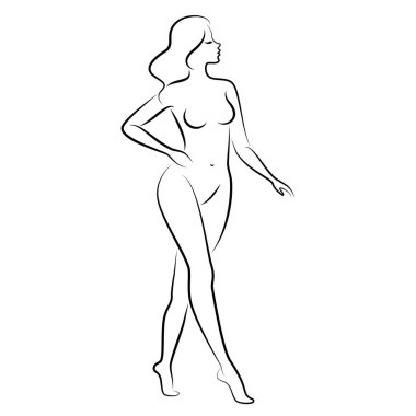 Hoş bir bayanın silueti, ayakta duruyor. Kızın güzel bir çıplak vücudu var. Kadın genç, seksi ve ince bir model. Vektör illüstrasyonu