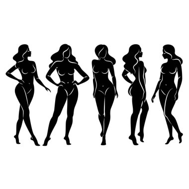 Hoş bir bayanın silueti, ayakta duruyor. Kızın güzel bir çıplak vücudu var. Kadın genç, seksi ve ince bir model. Vektör illüstrasyonu