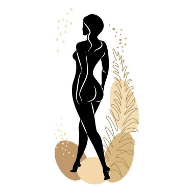 Tatlı bir bayanın silueti ve bir bitkinin yaprakları. Kız ayakta duruyor. Kadının güzel bir çıplak vücudu var. O genç ve zayıf. Vektör illüstrasyonu