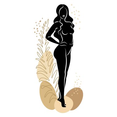 Tatlı bir bayanın silueti ve bir bitkinin yaprakları. Kız ayakta duruyor. Kadının güzel bir çıplak vücudu var. O genç ve zayıf. Vektör illüstrasyonu