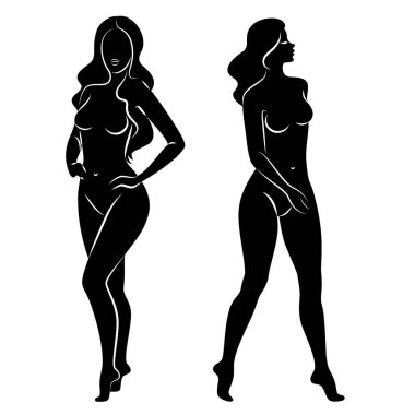 Hoş bir bayanın silueti, ayakta duruyor. Kızın güzel bir çıplak vücudu var. Kadın genç, seksi ve ince bir model. Vektör illüstrasyonu