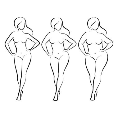 Tahsilat. Güzel bir kadın figürünün silueti. Bayan ayakta duruyor. Kız zayıf, narin ve kadın da şişman. Vektör çizimleri kümesi