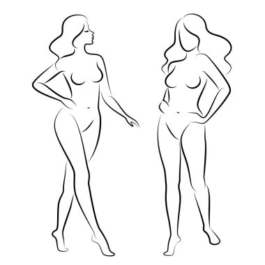 Hoş bir bayanın silueti, ayakta duruyor. Kızın güzel bir çıplak vücudu var. Kadın genç, seksi ve ince bir model. Vektör illüstrasyonu