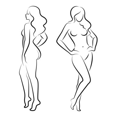 Hoş bir bayanın silueti, ayakta duruyor. Kızın güzel bir çıplak vücudu var. Kadın genç, seksi ve ince bir model. Vektör illüstrasyonu