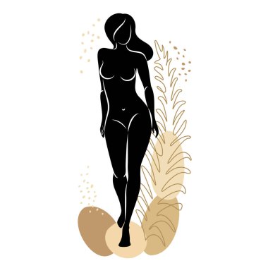 Tatlı bir bayanın silueti ve bir bitkinin yaprakları. Kız ayakta duruyor. Kadının güzel bir çıplak vücudu var. O genç ve zayıf. Vektör illüstrasyonu