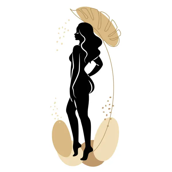 Stock vector Silhouette of a cute lady and leaves of a plant. The girl is standing. The woman has a beautiful naked figure. She is young and slim. Vector illustration