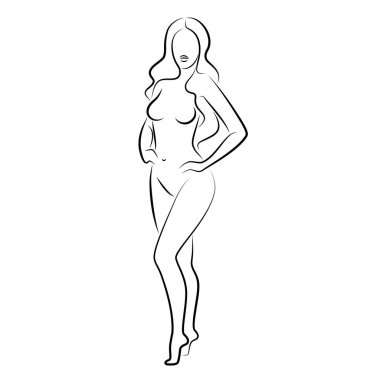 Hoş bir bayanın silueti, ayakta duruyor. Kızın güzel bir çıplak vücudu var. Kadın genç, seksi ve ince bir model. Vektör illüstrasyonu