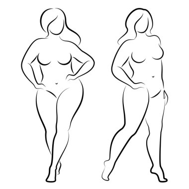 Tahsilat. İnce, çıplak bir kadının silueti. Kız ayakta duruyor, aşırı kilolu. Güzellik ve cinsellik dolu bir kadın. Vektör illüstrasyonu