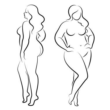 Tahsilat. İnce, çıplak bir kadının silueti. Kız ayakta duruyor, aşırı kilolu. Güzellik ve cinsellik dolu bir kadın. Vektör illüstrasyonu