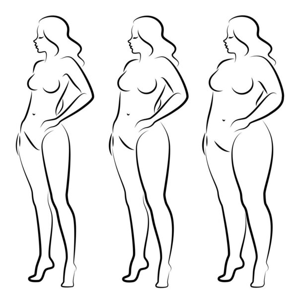 Collection. Silhouette of a beautiful woman figure. The lady is standing. The girl is thin, slender, and the woman is fat. Set of vector illustrations