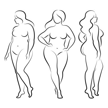 Tahsilat. İnce, çıplak bir kadının silueti. Kız ayakta duruyor, aşırı kilolu. Güzellik ve cinsellik dolu bir kadın. Vektör illüstrasyonu