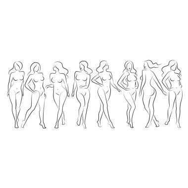 Hoş bir bayanın silueti, ayakta duruyor. Kızın güzel bir çıplak vücudu var. Kadın genç, seksi ve ince bir model. Vektör illüstrasyonu