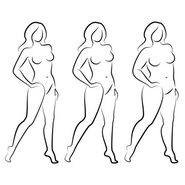 Tahsilat. Güzel bir kadın figürünün silueti. Bayan ayakta duruyor. Kız zayıf, narin ve kadın da şişman. Vektör çizimleri kümesi