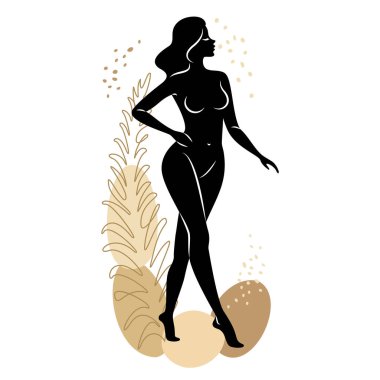 Tatlı bir bayanın silueti ve bir bitkinin yaprakları. Kız ayakta duruyor. Kadının güzel bir çıplak vücudu var. O genç ve zayıf. Vektör illüstrasyonu