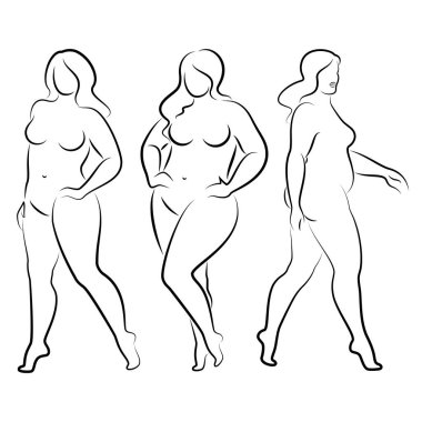 Tahsilat. İnce, çıplak bir kadının silueti. Kız ayakta duruyor, aşırı kilolu. Güzellik ve cinsellik dolu bir kadın. Vektör illüstrasyonu