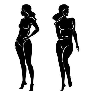 Hoş bir bayanın silueti, ayakta duruyor. Kızın güzel bir çıplak vücudu var. Kadın genç, seksi ve ince bir model. Vektör illüstrasyonu