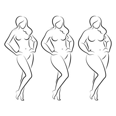 Tahsilat. Güzel bir kadın figürünün silueti. Bayan ayakta duruyor. Kız zayıf, narin ve kadın da şişman. Vektör çizimleri kümesi