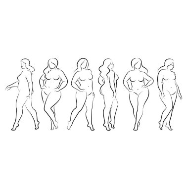 Tahsilat. İnce, çıplak bir kadının silueti. Kız ayakta duruyor, aşırı kilolu. Güzellik ve cinsellik dolu bir kadın. Vektör illüstrasyonu