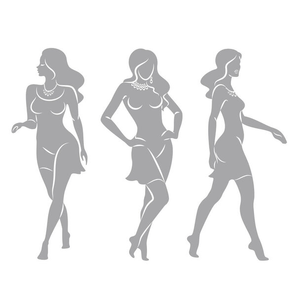 Collection. Silhouette of a woman in style. The girl is slim and beautiful. Lady suitable for decor, posters, stickers, logo. Vector illustration set.