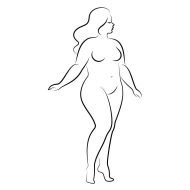 İnce, çıplak bir kadının silueti. Kız ayakta duruyor, aşırı kilolu. Güzellik ve cinsellik dolu bir kadın. Vektör illüstrasyonu.