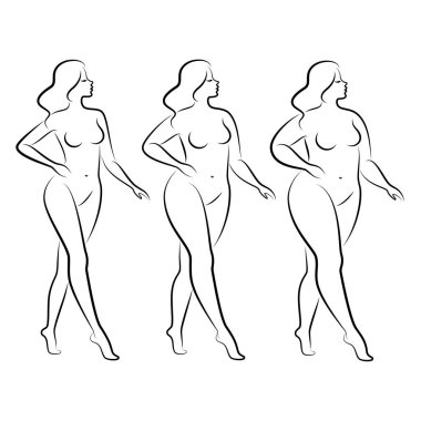 Tahsilat. Güzel bir kadın figürünün silueti. Bayan ayakta duruyor. Kız zayıf, narin ve kadın da şişman. Vektör çizimleri kümesi.
