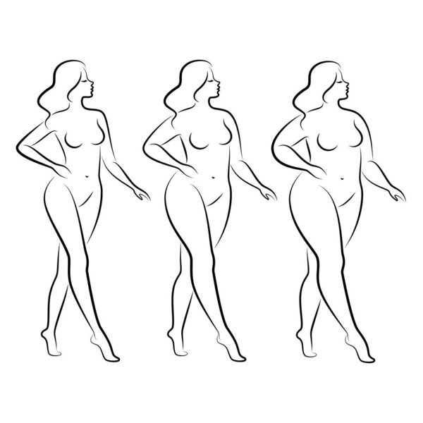 Collection. Silhouette of a beautiful woman figure. The lady is standing. The girl is thin, slender, and the woman is fat. Set of vector illustrations.