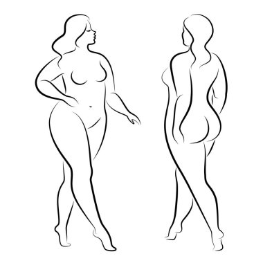 Tahsilat. İnce, çıplak bir kadının silueti. Kız ayakta duruyor, aşırı kilolu. Güzellik ve cinsellik dolu bir kadın. Vektör illüstrasyonu.