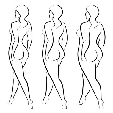 Tahsilat. Güzel bir kadın figürünün silueti. Bayan ayakta duruyor. Kız zayıf, narin ve kadın da şişman. Vektör çizimleri kümesi