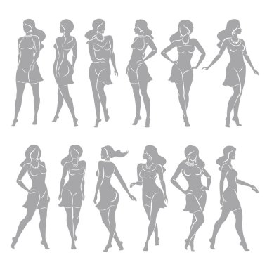 Tahsilat. Modaya uygun bir kadın silueti. Kız zayıf ve çok güzel. Dekor, poster, çıkartma ve logo için uygun bir kadın. Vektör illüstrasyonu.