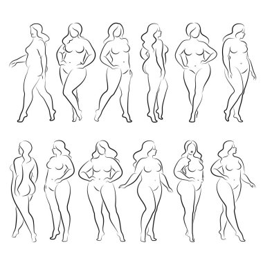 Tahsilat. İnce, çıplak bir kadının silueti. Kız ayakta duruyor, aşırı kilolu. Güzellik ve cinsellik dolu bir kadın. Vektör illüstrasyonu