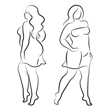 Tahsilat. İnce bir kadının silüeti. Kız ayakta duruyor. Kız güzellik ve cinsellik doludur. Kız aşırı kilolu vektör illüstrasyon seti.