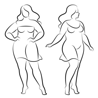 Tahsilat. İnce bir kadının silüeti. Kız ayakta duruyor. Kız güzellik ve cinsellik doludur. Kız aşırı kilolu vektör illüstrasyon seti.