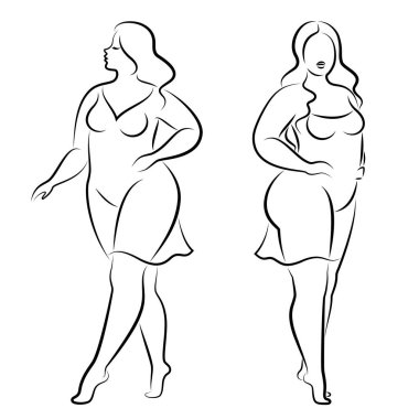 Tahsilat. İnce bir kadının silüeti. Kız ayakta duruyor. Kız güzellik ve cinsellik doludur. Kız aşırı kilolu vektör illüstrasyon seti.