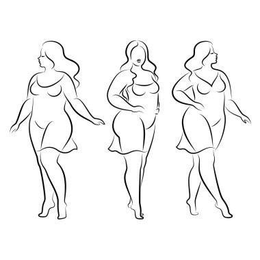 Tahsilat. İnce bir kadının silüeti. Kız ayakta duruyor. Kız güzellik ve cinsellik doludur. Kız aşırı kilolu vektör illüstrasyon seti.