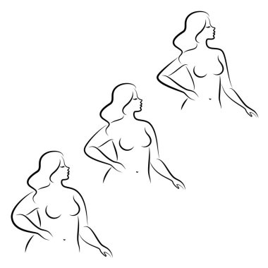 Tahsilat. Güzel bir kadın figürünün silueti. Bayan ayakta duruyor. Kız zayıf, narin ve kadın da şişman. Vektör çizimleri kümesi
