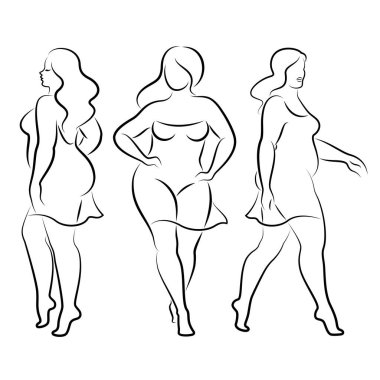 Tahsilat. İnce bir kadının silüeti. Kız ayakta duruyor. Kız güzellik ve cinsellik doludur. Kız aşırı kilolu vektör illüstrasyon seti.