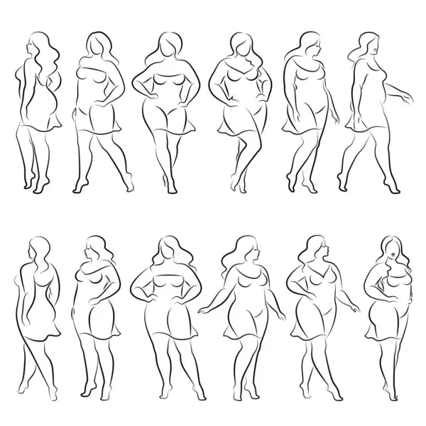 Tahsilat. İnce bir kadının silüeti. Kız ayakta duruyor. Kız güzellik ve cinsellik doludur. Kız aşırı kilolu vektör illüstrasyon seti.