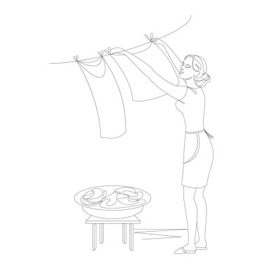 Kızın siluetleri. Bayan çamaşırları modern bir şekilde yıkıyor. Devamlı çizgi çizimi, ev dekorasyonu için estetik taslak posterler, duvar resimleri, çıkartmalar, logolar. Vektör illüstrasyonu