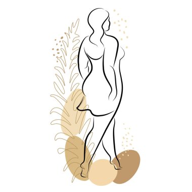 Kadın figürü ve bitki yapraklarının silueti. Kız ayakta duruyor. Bayan güzellik ve cinsellik doludur. Kız kilolu vektör illüstrasyonudur