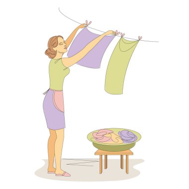 Kızın siluetleri. Bayan çamaşırları modern bir şekilde yıkıyor. Devamlı çizgi çizimi, ev dekorasyonu için estetik taslak posterler, duvar resimleri, çıkartmalar, logolar. Vektör illüstrasyonu