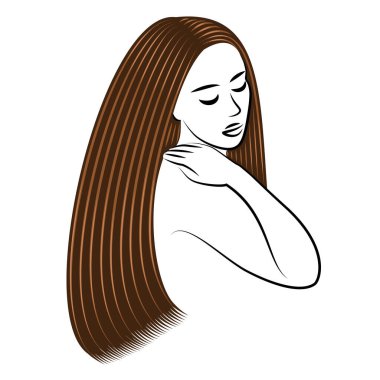 Düz, güzel kız saçı. Hanımefendi çok güzel ve şık. Laminasyon ve keratin saç düzleştirici. Vektör illüstrasyonu