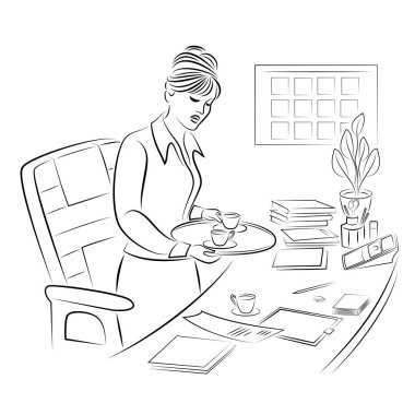 Bir hanımefendinin silüeti. Güzel kız iki fincan çay, tepside kahve servis eder. Ofisteki bayan sekreter. Masaüstü. Vektör illüstrasyonları