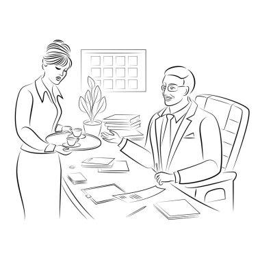 Kız, erkek patrona iki fincan çay, tepside kahve servis ediyor. Ofisteki sekreter. Vektör illüstrasyonları