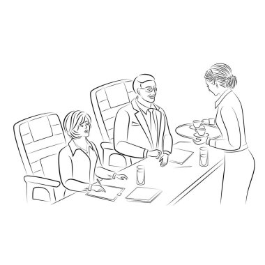 Kız çalışanlara iki fincan çay, bir tepside kahve servis ediyor. Ofisteki sekreter. İş toplantısı. Vektör illüstrasyonları