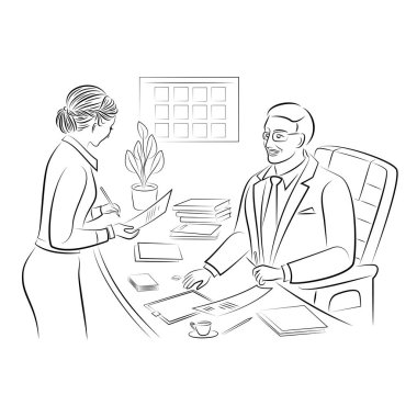 Kız belgeleri erkek patrona veriyor, şef. Ofisteki kadın sekreter. Vektör illüstrasyonları