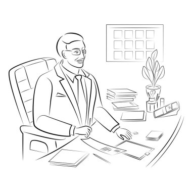 Erkek patron ofiste masa başında oturuyor. İşiyle meşgul bir iş adamı. Vektör illüstrasyonu