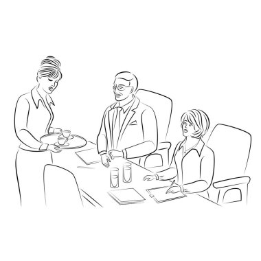 Kız çalışanlara iki fincan çay, bir tepside kahve servis ediyor. Ofisteki sekreter. İş toplantısı. Vektör illüstrasyonları