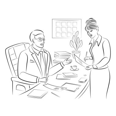 Kız belgeleri erkek patrona veriyor, şef. Ofisteki kadın sekreter. Vektör illüstrasyonları